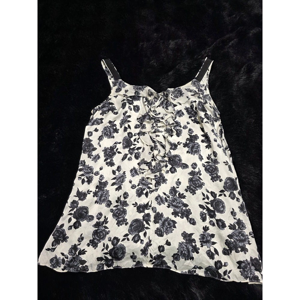 White House Black Market Silk Floral Ruffle Camisole Top Black White Rose Medium